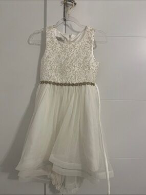 Ivory Lace & Tulle Girls' Formal Dress with Gold Beaded Waist